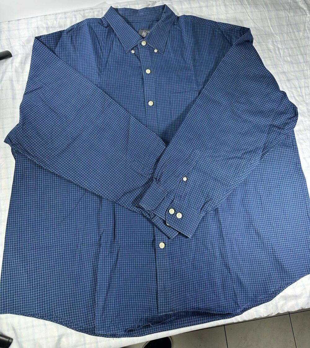 Van Heusen Men's 3XL Button Down Shirt Blue Micro-Check Long Sleeve Big & Tall